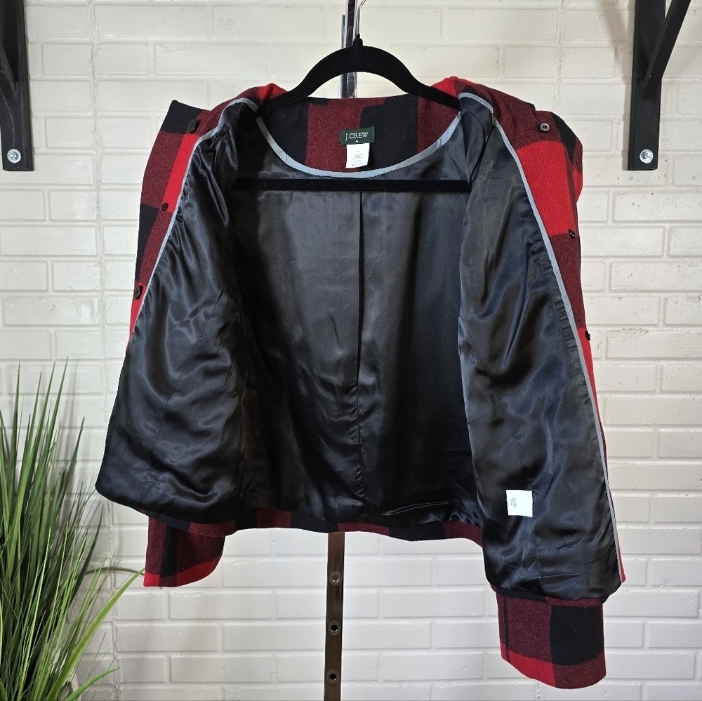 J. Crew Red Buffalo Plaid Double Breasted Cropped Pea Coat Jacket Small Or 6 - Picture 11 of 13